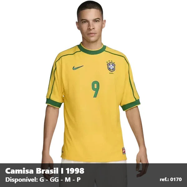Camisa Brasil 1998 Retrô Nike Masculina - Amarela Personalizada (RONALDO 9)