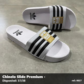 Chinelo Slide Adidas - Branco listrado Preto detalhe Dourado 16