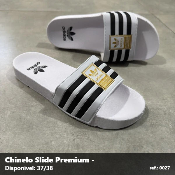 Chinelo Slide Adidas - Branco listrado Preto detalhe Dourado 16