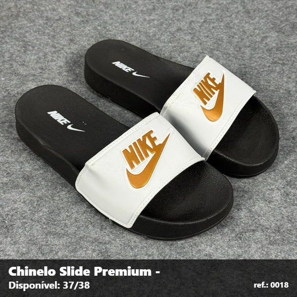 Chinelo Slide Nike - Preto Branco detalhe Dourado 19